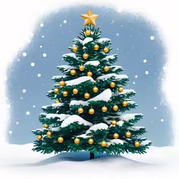 a drawing of a christmas tree and decorations on snow