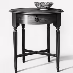 a small wooden table with a bowl on top