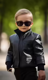 a little boy walking down the sidewalk wearing sunglasses