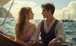 a man and woman sitting on a boat together