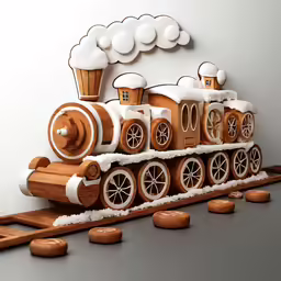 a small wooden toy train that is pulling a pile of cookies