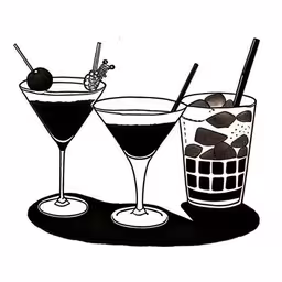 the drinks in this photo are different colors,two cocktails with olives on a black and white background