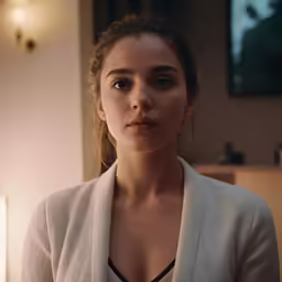 a young woman wearing a bra looks at the camera