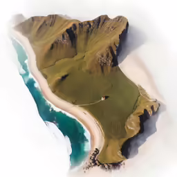 an aerial shot of a small house on the beach next to an island