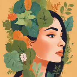 a woman surrounded by plants on a yellow background,a woman is shown with lots of leaves around her