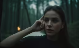 a woman wearing black stands outside near the forest
