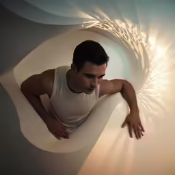 a man leaning against a wall looking down at his face