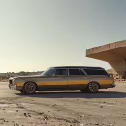a brown wagon parked outside in front of a building