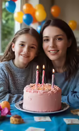 two girls sit near a pink birthday cake with five lit candles