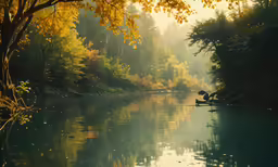a boat in a large body of water surrounded by trees