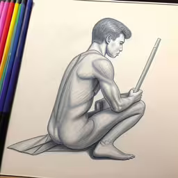 there is a drawing of a young man holding a pen,an ink drawing of a man with a baseball bat
