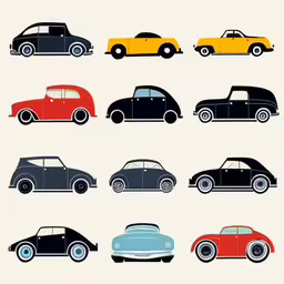 a series of eight old fashion colored cars,many different colored cars are shown here