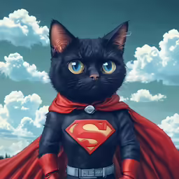 a cat dressed as a super hero standing under a cloudy sky