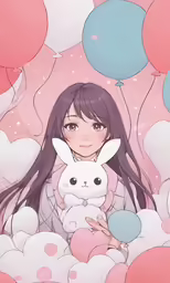 a person holding a white rabbit surrounded by balloons