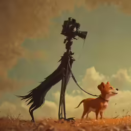 a cameraman standing next to a dog in the grass