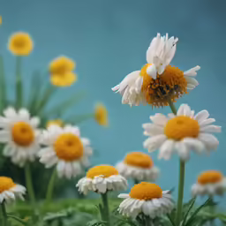 white and yellow flowers against a blue background