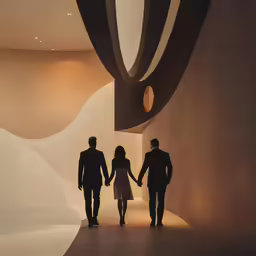 three people in business attire are walking towards a large circular wall