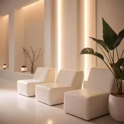 several white furniture and a potted plant in front of a wall with dim lighting