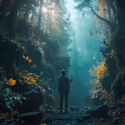 a man in the middle of a forest on a trail