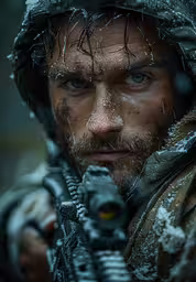 a man in winter gear holds his gun and looks off to the side,a man with a gun in his hands looks on while it snows