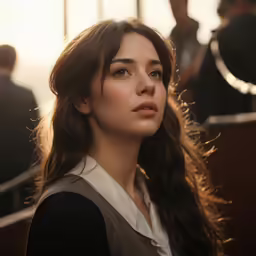 an attractive woman in white shirt looking back at the camera