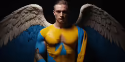 a man with blue and yellow wings posing for the camera