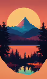 a sunset with mountain and trees surrounding it,an image of the mountains that are reflecting in water