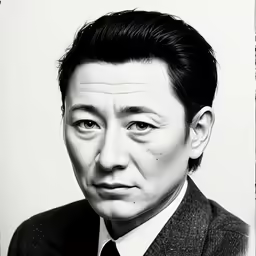 a black and white photo of an asian man