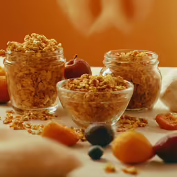 bowls of cereal sit on a table with fruit