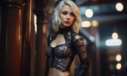 a beautiful woman dressed in lingerie next to a large pillar