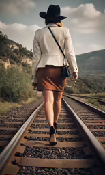 a woman is walking down the train tracks carrying a hat