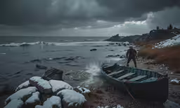 a man standing next to a boat on top of snow covered ground