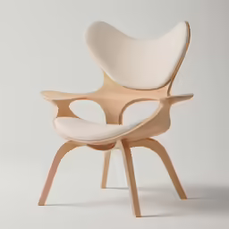 a replica of an egg chair with white fabric and wood