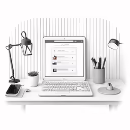 a computer and a lamp on a desk