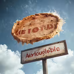 an advertising sign is displayed against a cloudy sky