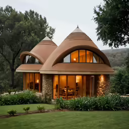 the roof of a small circular house surrounded by trees