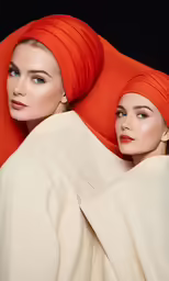 two models in white with bright orange heads