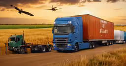 a large semi truck parked on the side of a road,a large cargo truck driving down a country road