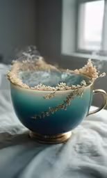 a tea cup with steam coming from it sits on top of a bed