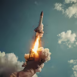 a hand holding a rocket in the sky