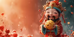 a child wearing an asian costume eating an object