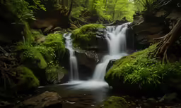 this is an image of a waterfall with moss