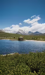 a lake with some water in it surrounded by bushes
