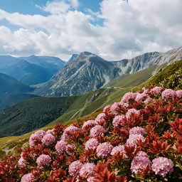 flowers in the foreground and mountains in the background