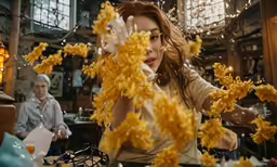 a lady in the house standing in front of a bunch of fake flowers