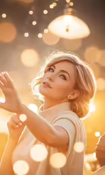 a girl standing with her hands raised in the air