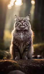 a gray cat sitting on top of a wooden log
