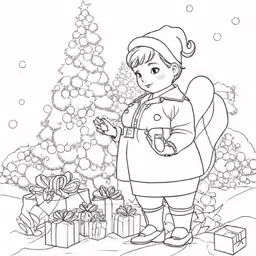 a cartoon character standing in front of christmas presents