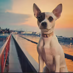 a dog on the pier staring straight into the camera