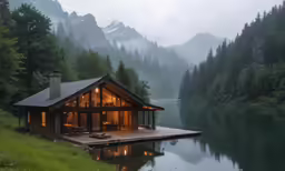 the cabin is on the shore by the mountain lake